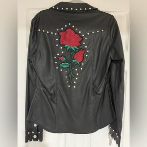 LE LIS BLANC Faux Black Leather Jacket with Red Rose Embroidery